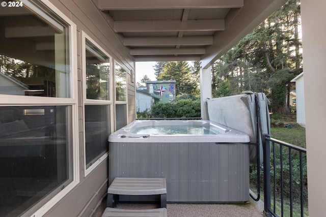 view of patio / terrace featuring a hot tub