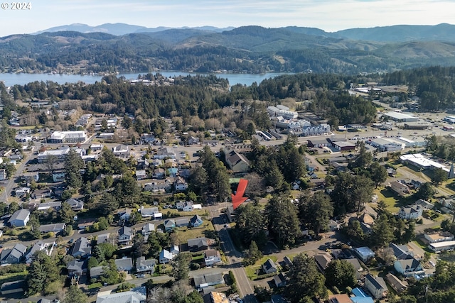 drone / aerial view with a water and mountain view