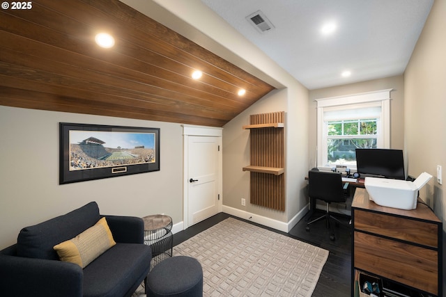 office area with wooden ceiling, lofted ceiling, and dark hardwood / wood-style floors