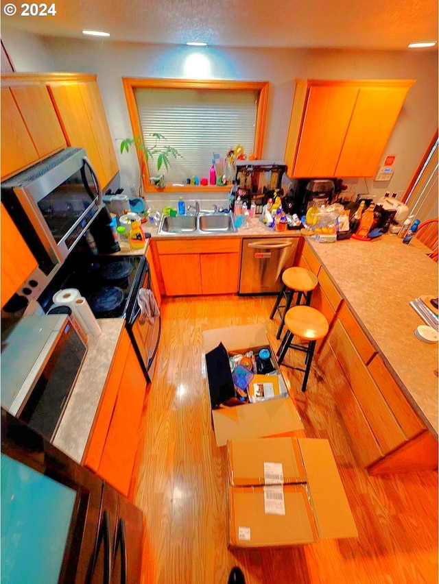 kitchen featuring stainless steel dishwasher, sink, and light hardwood / wood-style flooring