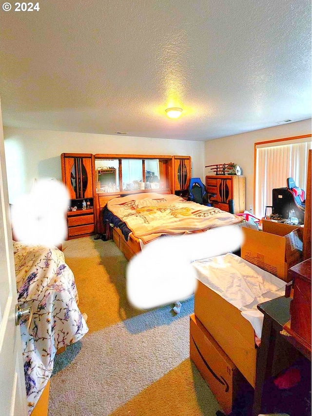 bedroom with a textured ceiling and light colored carpet