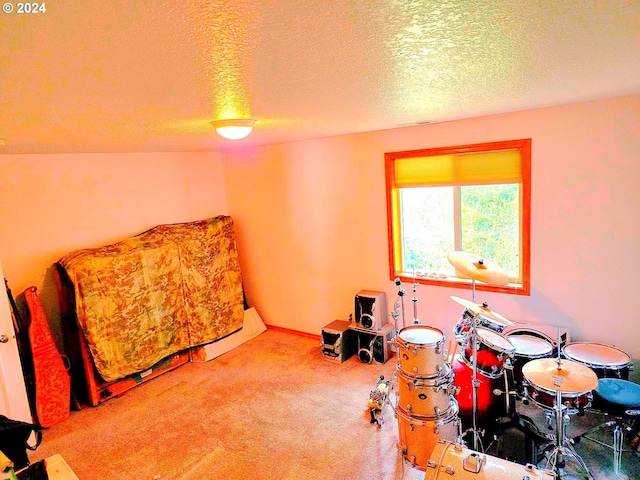 game room featuring carpet and a textured ceiling