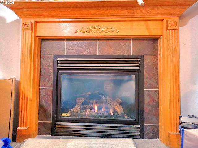 details featuring a tile fireplace