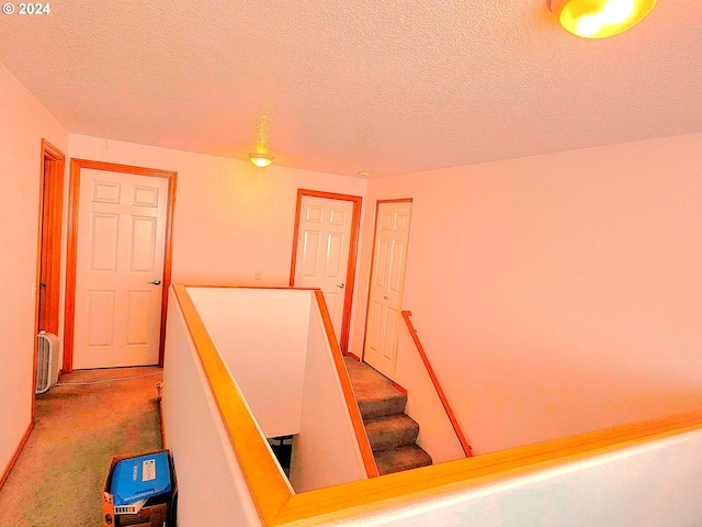 stairway with carpet flooring and a textured ceiling