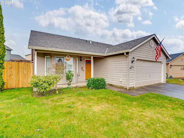 ranch-style home featuring a garage, a front lawn, roof with shingles, and fence