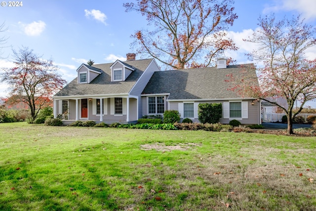 cape cod house with covered porch and a front lawn