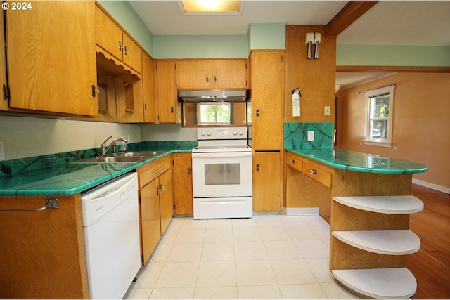 kitchen featuring kitchen peninsula, white appliances, and sink