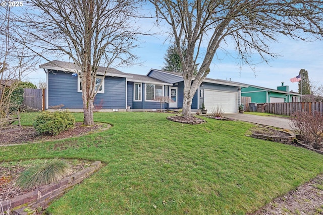 single story home featuring a garage, concrete driveway, a front yard, and fence