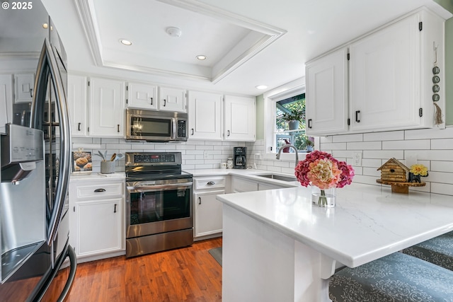 kitchen featuring stainless steel appliances, a raised ceiling, a sink, wood finished floors, and a peninsula