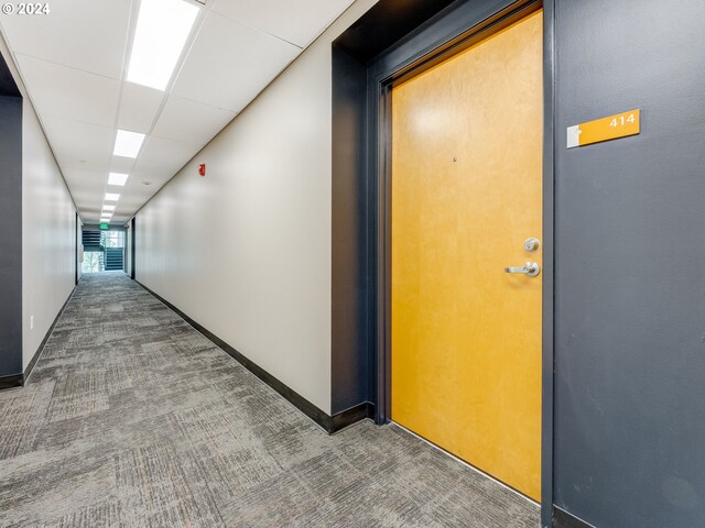 hallway with carpet floors and a drop ceiling