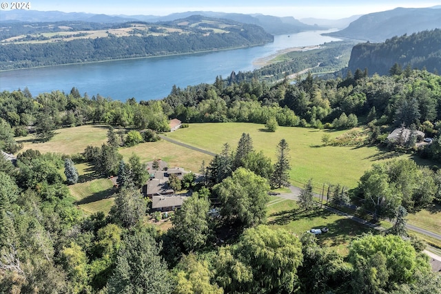 drone / aerial view with a water and mountain view