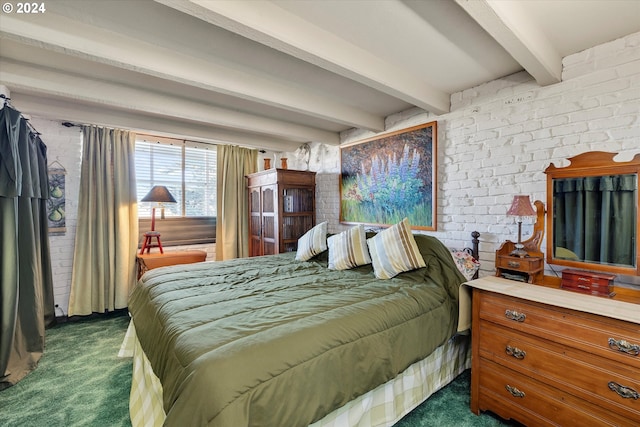 bedroom with beamed ceiling, dark carpet, and brick wall