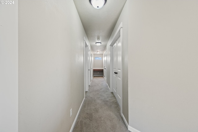 hallway with a textured ceiling and carpet floors