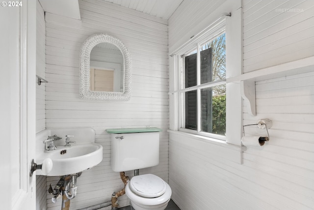 bathroom featuring toilet, wooden walls, and a healthy amount of sunlight