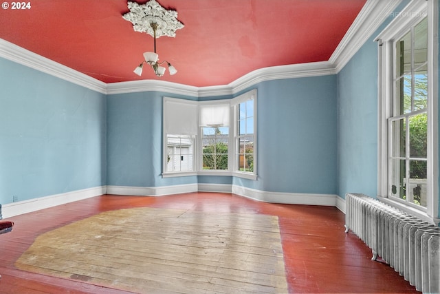 spare room featuring dark hardwood / wood-style flooring, crown molding, and radiator