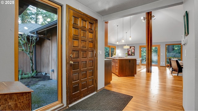 foyer entrance with light hardwood / wood-style floors, a textured ceiling, and lofted ceiling