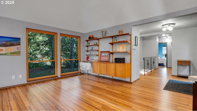 interior space featuring light hardwood / wood-style flooring and a textured ceiling