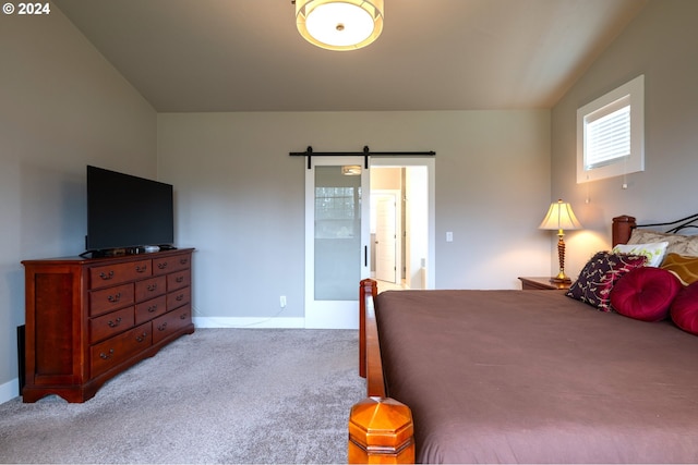 bedroom featuring light carpet and vaulted ceiling