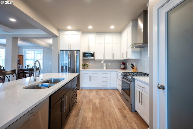 kitchen with sink, wall chimney exhaust hood, tasteful backsplash, white cabinetry, and stainless steel appliances