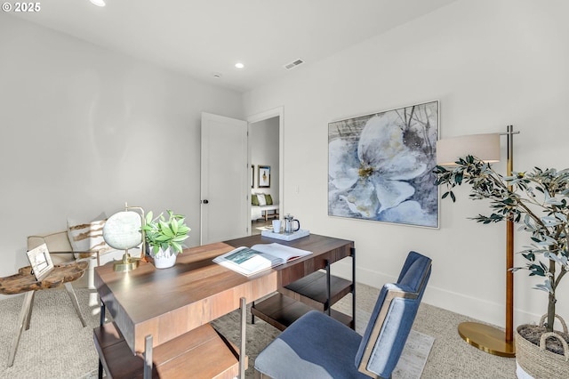 office featuring baseboards, visible vents, and recessed lighting