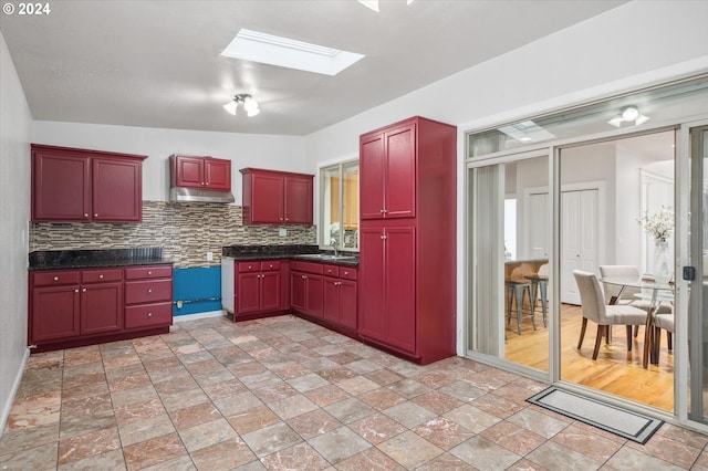 kitchen with sink, backsplash, and a skylight