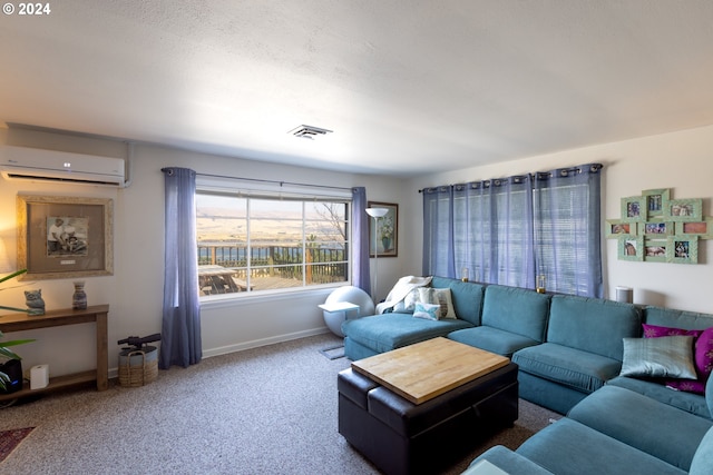 carpeted living room featuring a wall mounted air conditioner