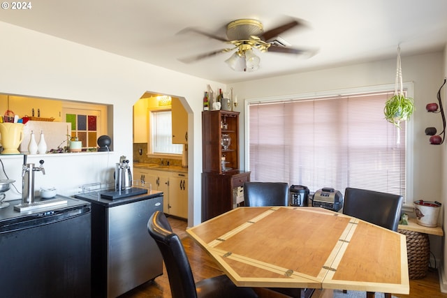 dining room with plenty of natural light, dark wood-type flooring, and ceiling fan