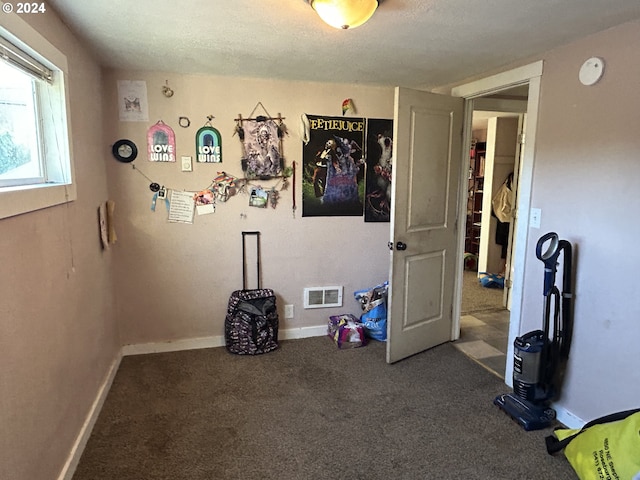 recreation room with carpet flooring and a textured ceiling