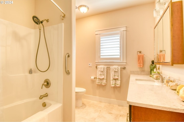 full bathroom with tile flooring, toilet, bathtub / shower combination, and large vanity