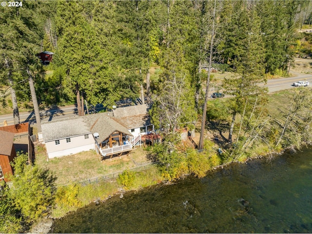 drone / aerial view with a water view