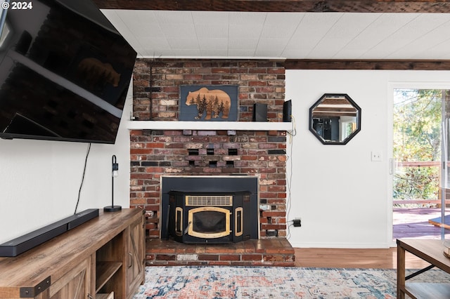 living room featuring a wood stove and wood-type flooring