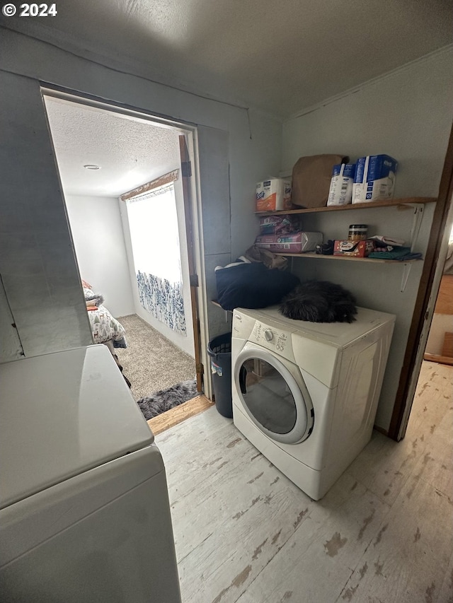 clothes washing area with light hardwood / wood-style floors and a textured ceiling