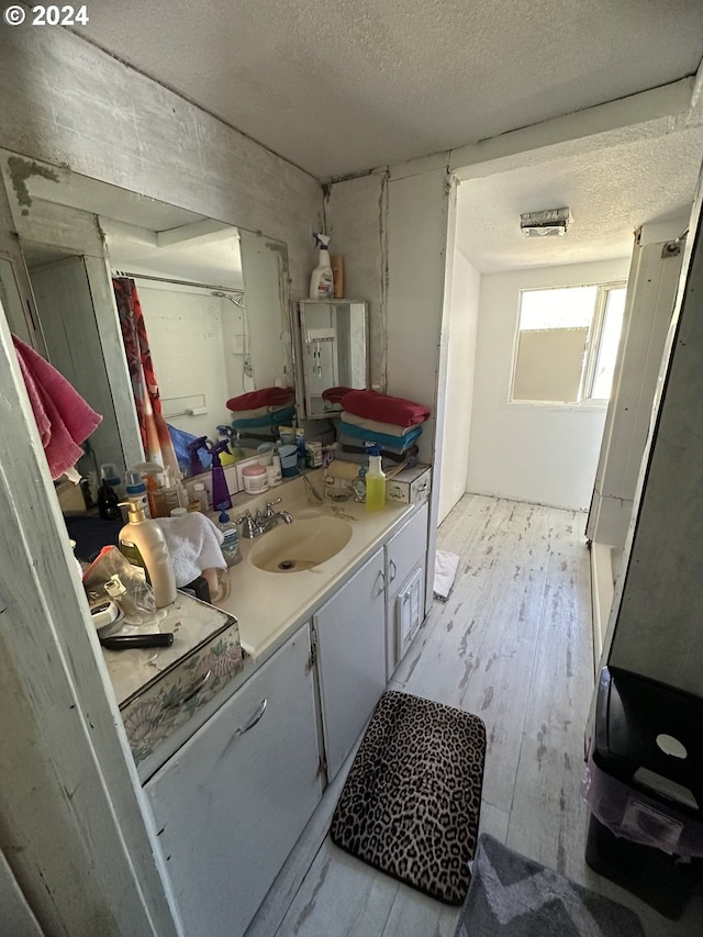 bathroom with vanity, wood-type flooring, and a textured ceiling