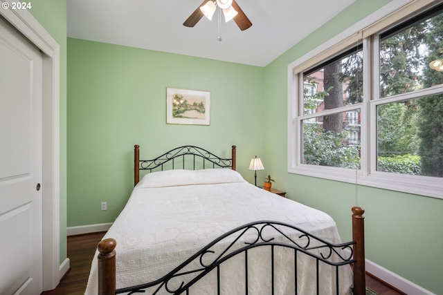 bedroom with ceiling fan, a closet, and dark hardwood / wood-style floors