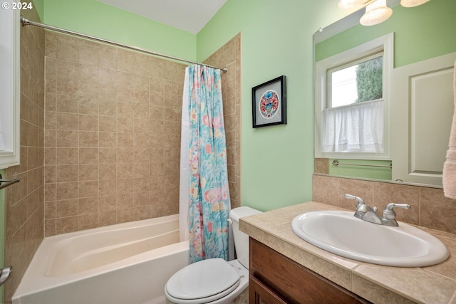 full bathroom with toilet, shower / tub combo, vanity, and decorative backsplash