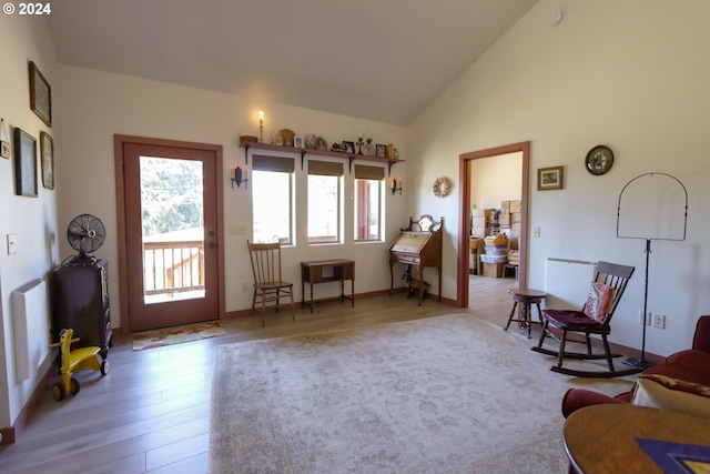 living area with hardwood / wood-style floors and high vaulted ceiling