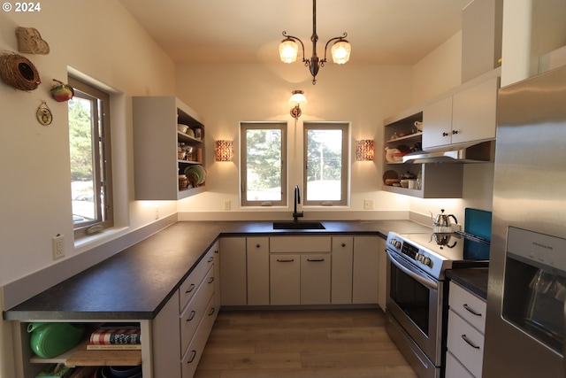 kitchen with decorative light fixtures, stainless steel appliances, white cabinetry, sink, and dark hardwood / wood-style floors