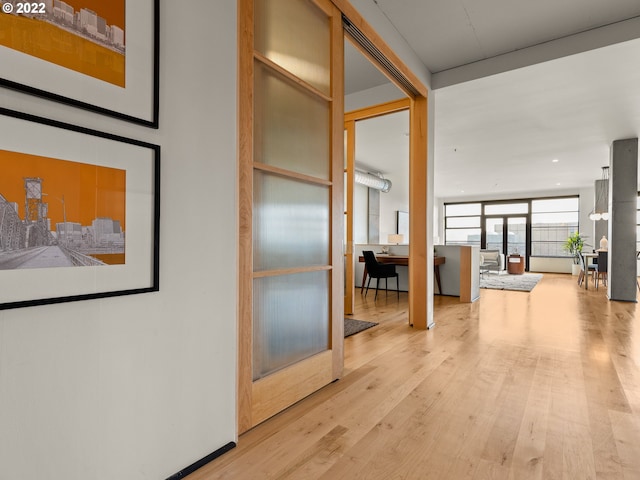 hallway featuring expansive windows and light hardwood / wood-style flooring