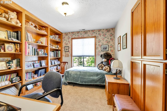 carpeted bedroom with a textured ceiling