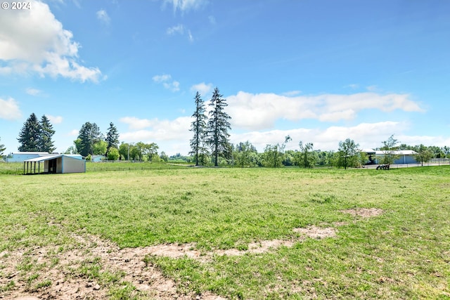 view of yard with a shed and a rural view