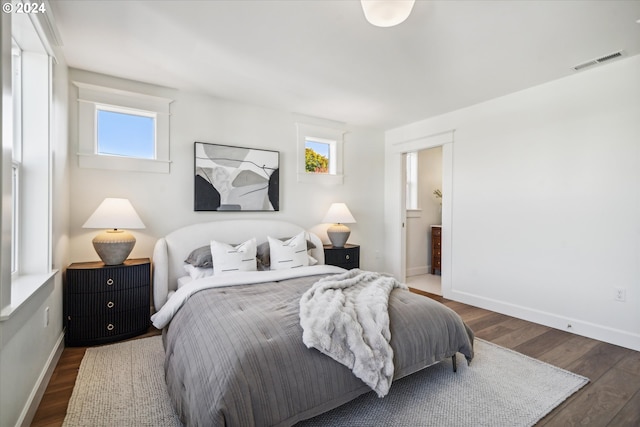 bedroom with connected bathroom and dark hardwood / wood-style floors