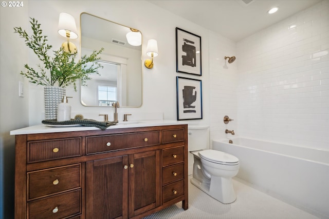 full bathroom with toilet, vanity, tile patterned floors, and tiled shower / bath