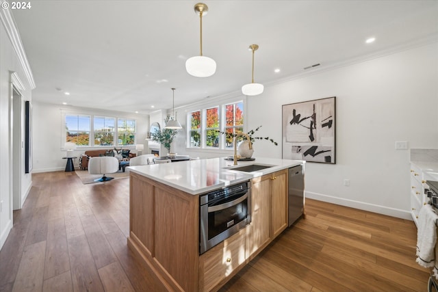 kitchen with sink, hanging light fixtures, an island with sink, dark hardwood / wood-style flooring, and stainless steel appliances