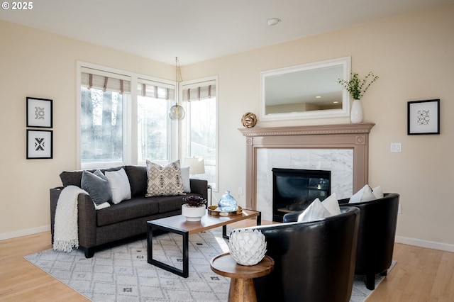 living room featuring light hardwood / wood-style floors and a fireplace