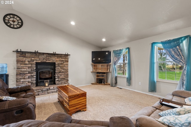 living room featuring a wood stove, light carpet, and vaulted ceiling