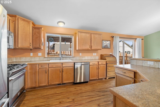 kitchen with light hardwood / wood-style floors, sink, and appliances with stainless steel finishes