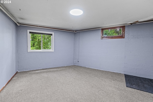 basement featuring carpet flooring and plenty of natural light