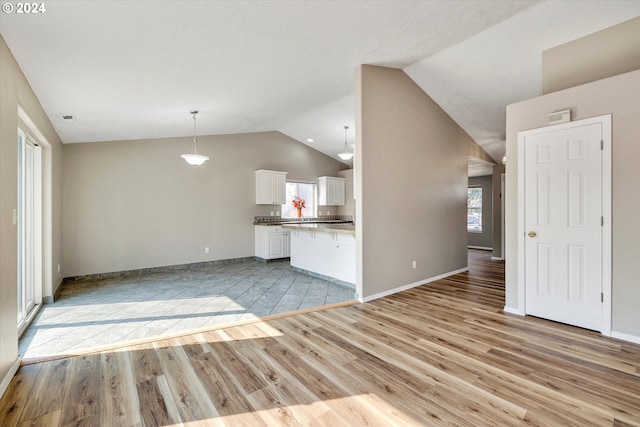 unfurnished living room with light hardwood / wood-style floors and vaulted ceiling