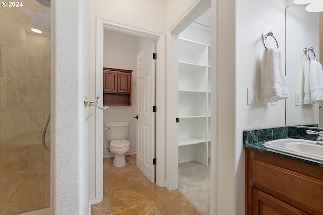 bathroom with a shower, vanity, and toilet