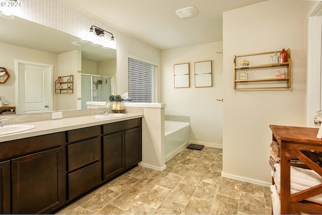 bathroom featuring vanity and plus walk in shower